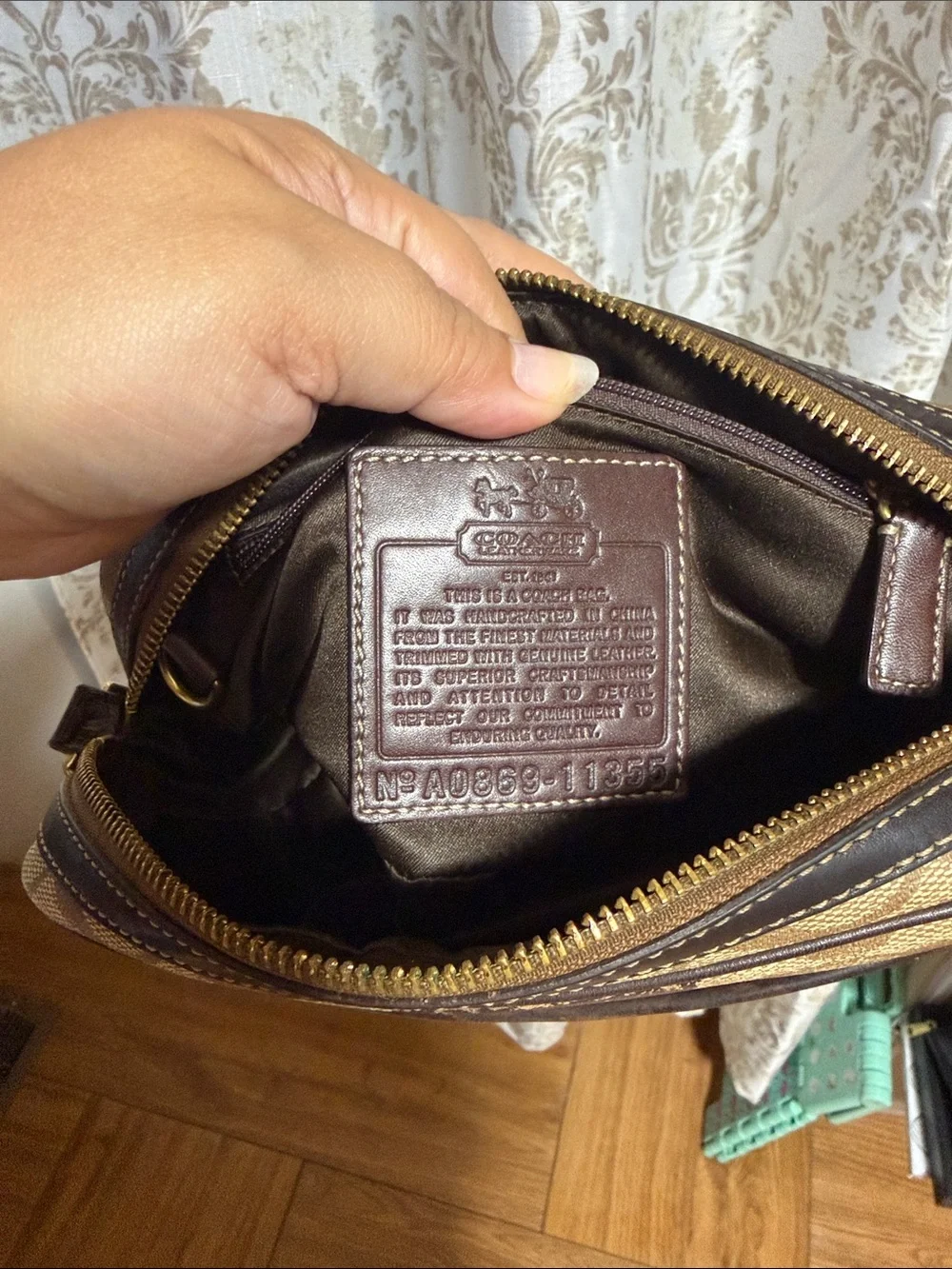 Coach Khaki/Chestnut Signature Canvas Messenger Bag with Red Logo